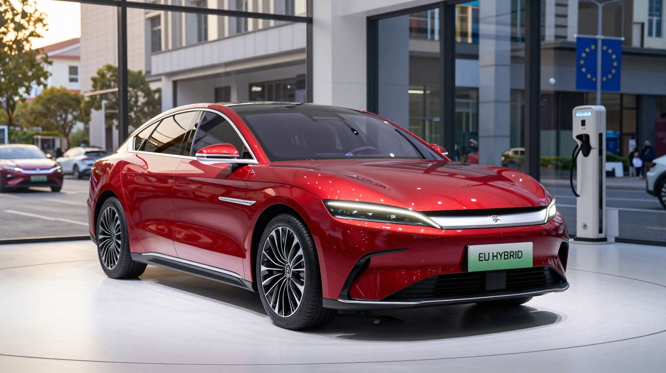 Carro elétrico vermelho brilhante em exibição, com carregador e edifícios ao fundo em ambiente urbano.