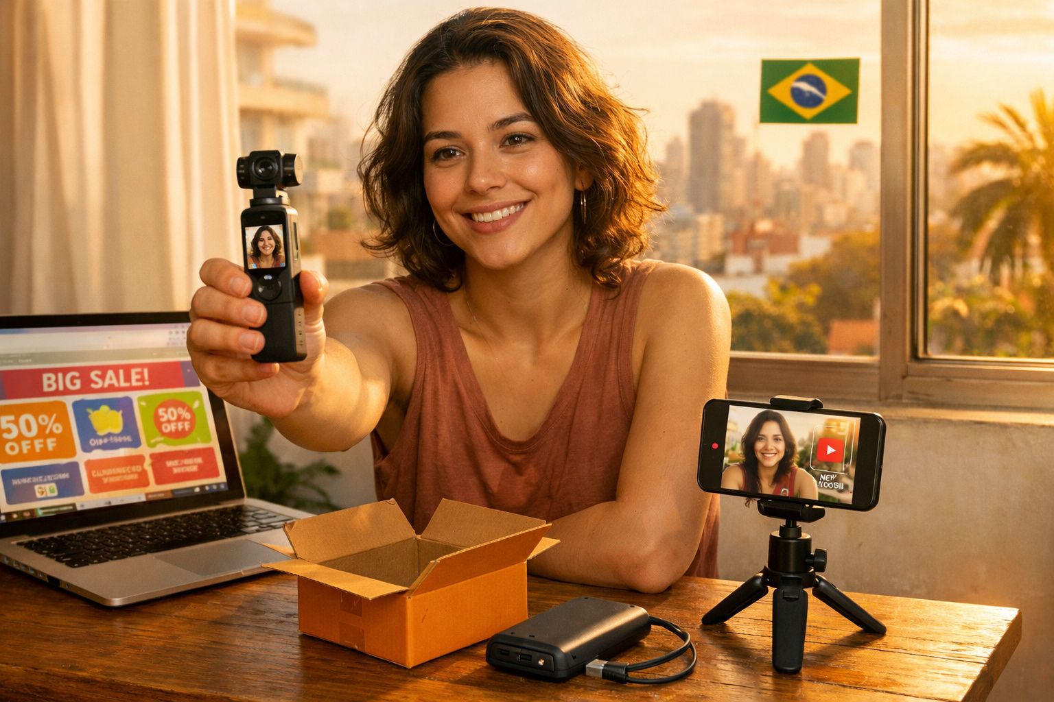 Jovem brasileira sorridente grava vídeo com câmera portátil, computador aberto com promoção e celular em tripé.