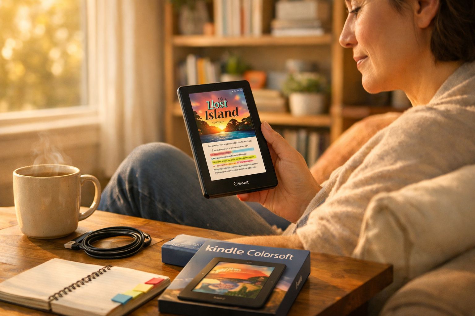 Pessoa lendo em um Kindle Colorsoft em ambiente aconchegante com xícara de café ao lado.