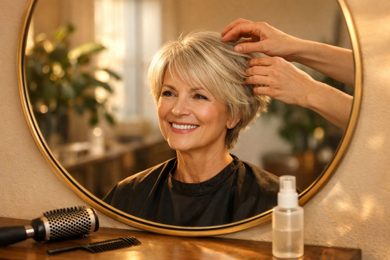 Mulher sorridente com cabelo curto e grisalho sendo arrumado em salão moderno refletida em espelho redondo.