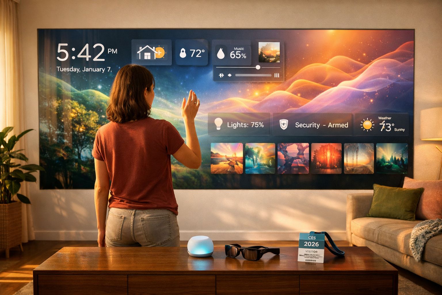 Pessoa interagindo com tela futurista de controle de casa inteligente em sala de estar.