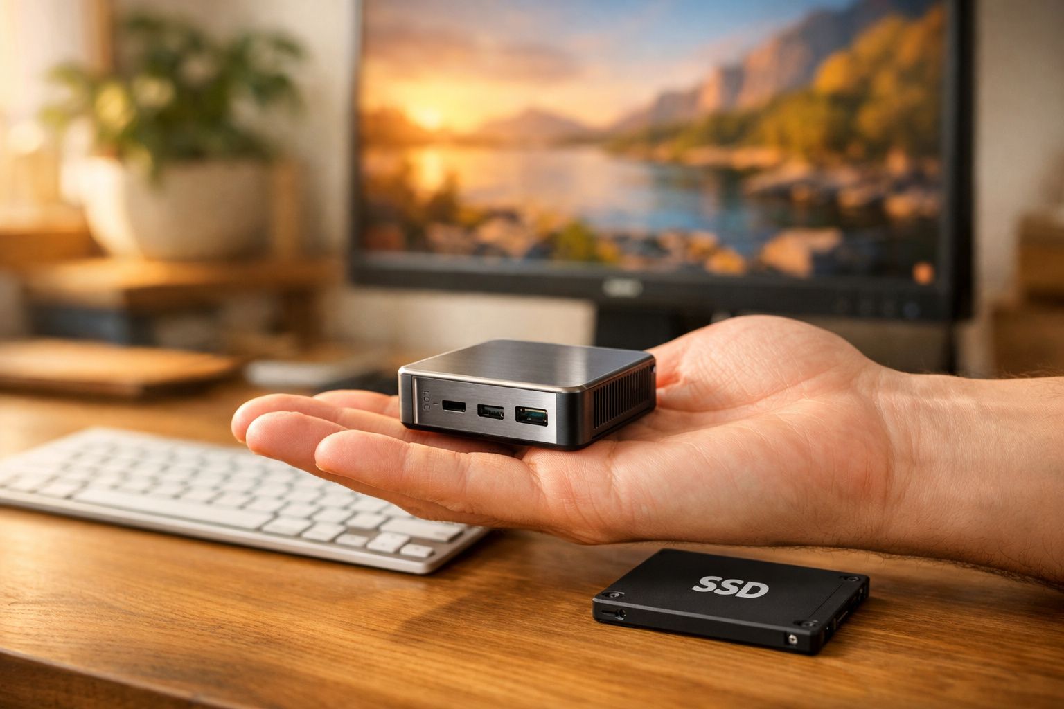 Mão segurando mini PC ao lado de teclado e SSD em mesa com monitor ao fundo exibindo paisagem.
