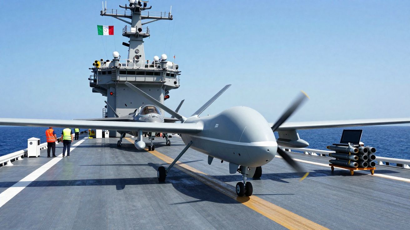 Drone militar com hélice girando no convés de um porta-aviões com bandeira do México ao fundo.