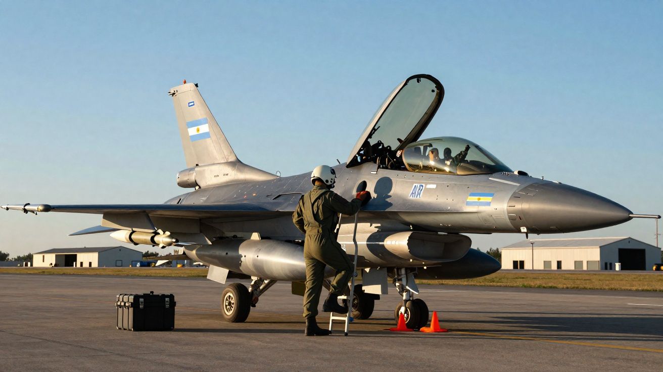 Caça militar argentino estacionado com piloto subindo a escada para a cabine aberta em pista de aeroporto.
