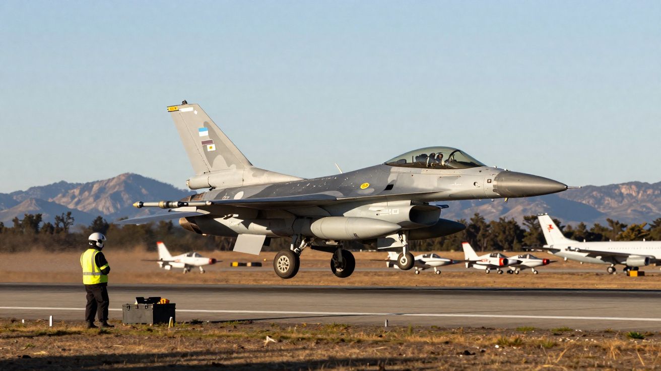 Avião de caça F-16 da Força Aérea da Argentina taxiando na pista com montanhas ao fundo.