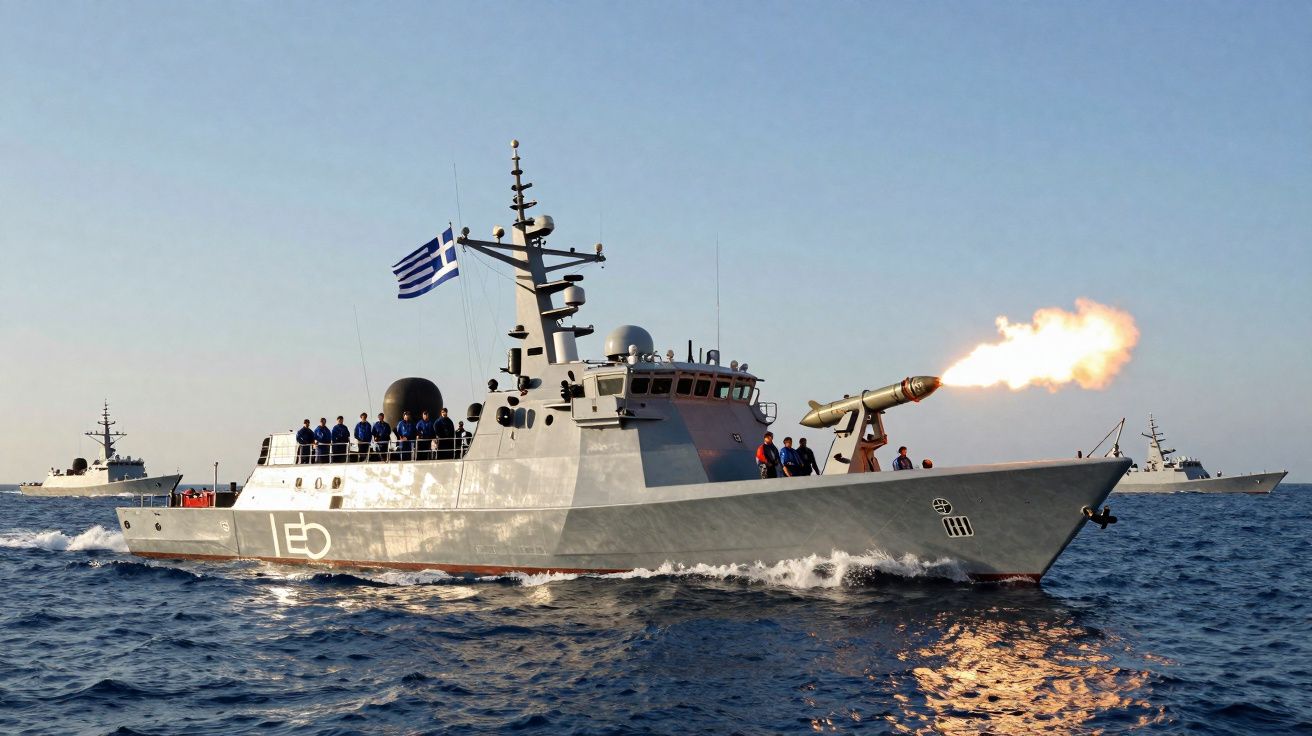 Navio de guerra grego disparando míssil no mar com tripulação visível no convés.