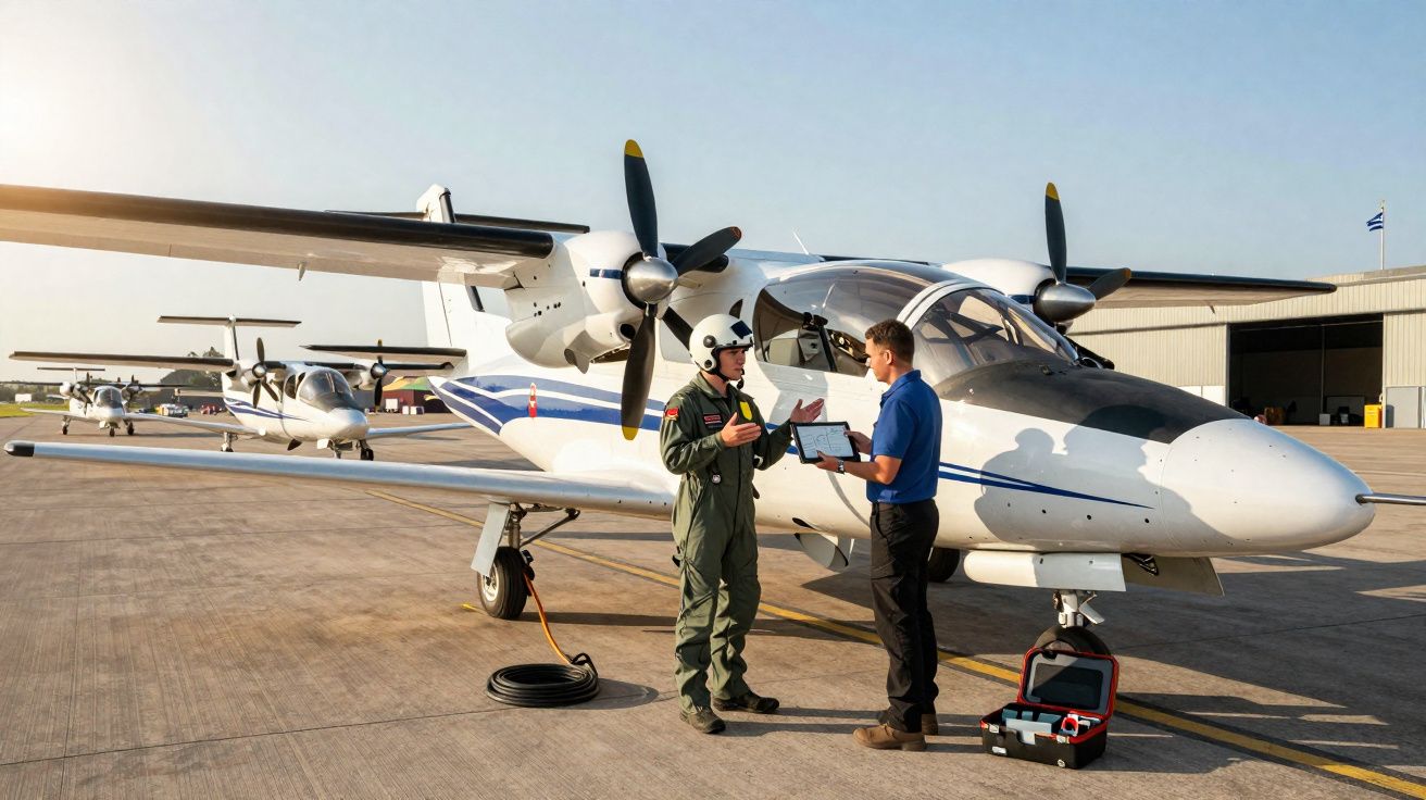 Dois homens conversam ao lado de avião pequeno em pista de aeroporto, com outros aviões ao fundo.