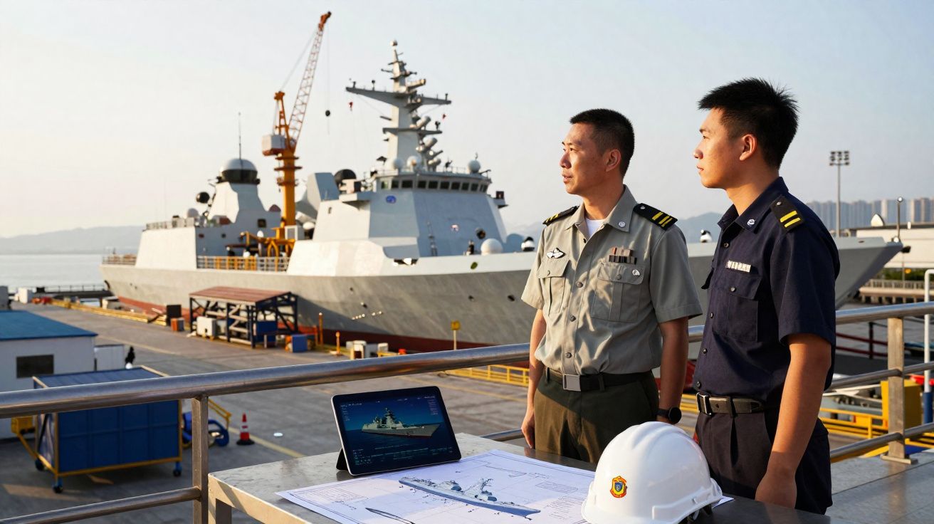 Dois militares observam um navio de guerra atracado, com planta e laptop sobre mesa em porto naval.
