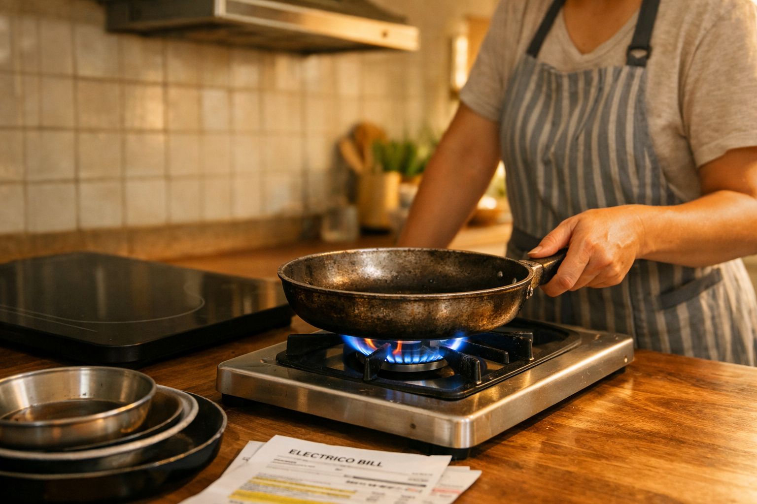 Pessoa segurando frigideira sobre chama em fogão de mesa na cozinha.