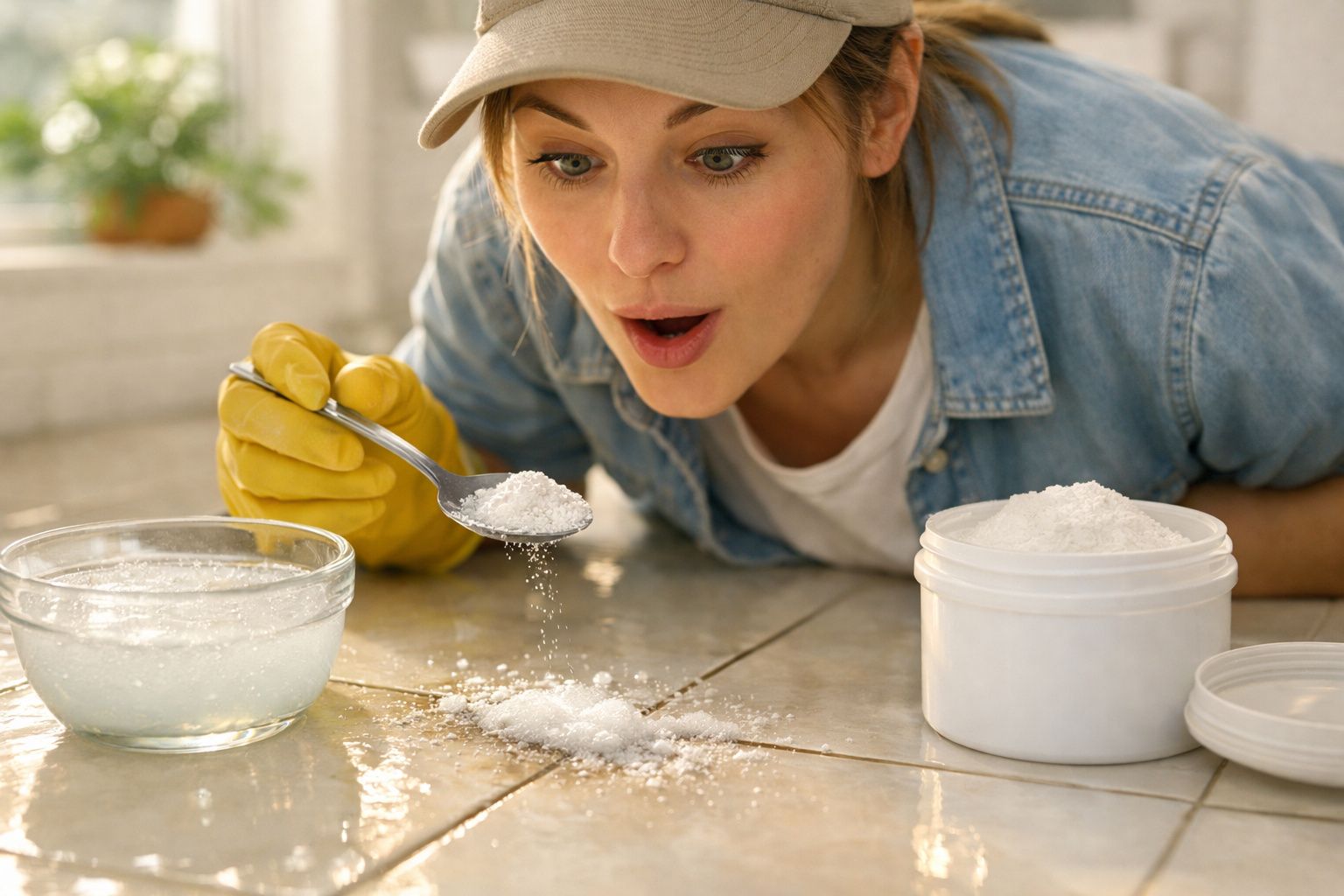 Mulher com luva amarela espalha pó branco em piso molhado, demonstrando surpresa ao limpar o chão.