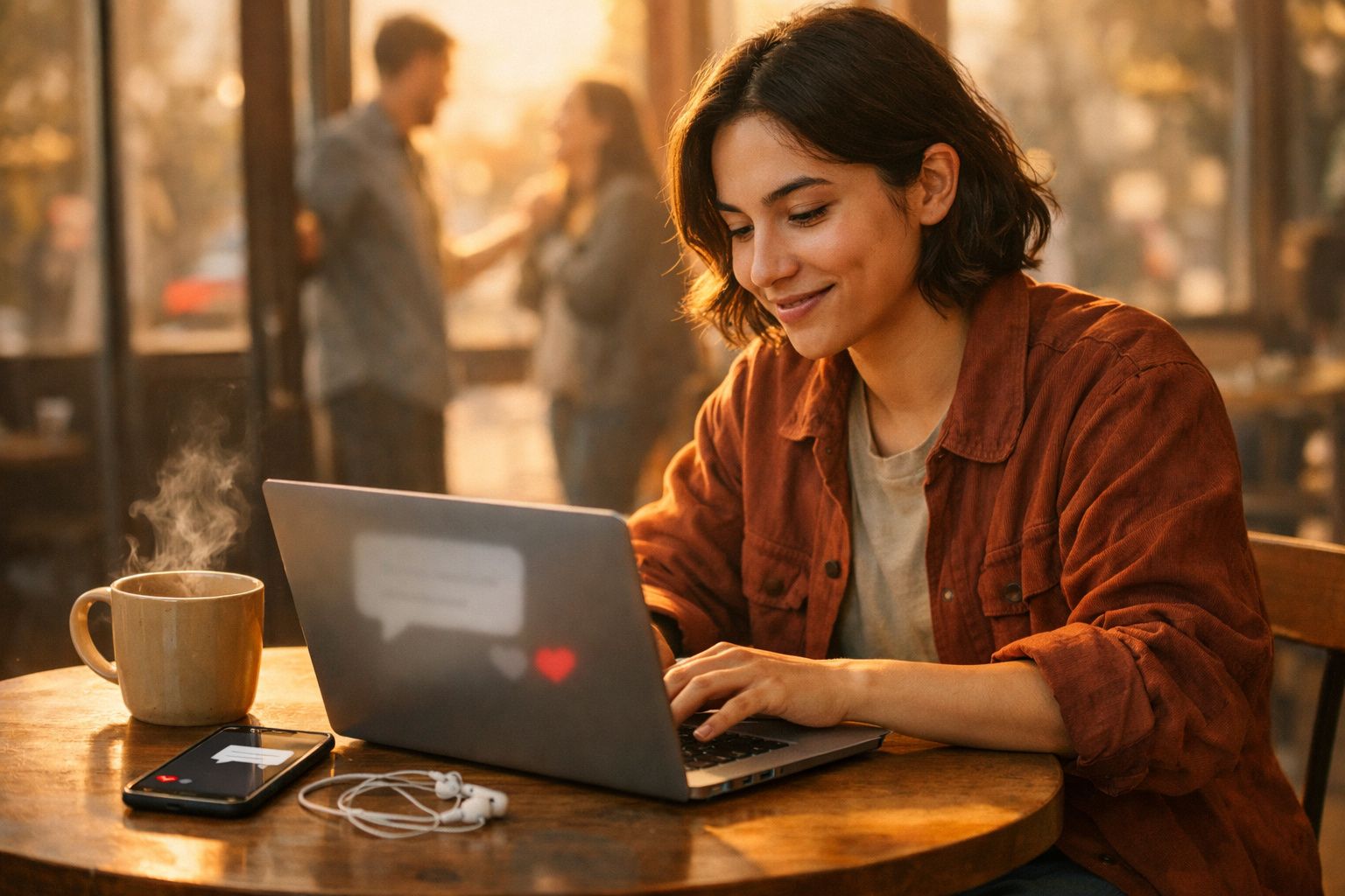 Mulher sorrindo usando laptop em mesa com xícara de café quente e celular em cafeteria.