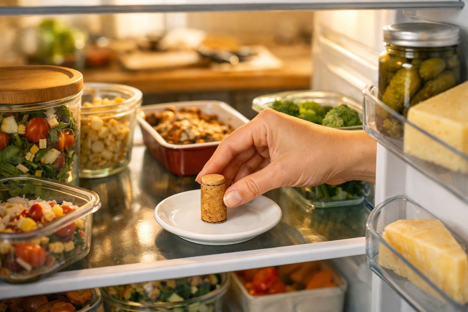 Mão removendo rolha de garrafa dentro de geladeira com alimentos e vegetais armazenados.