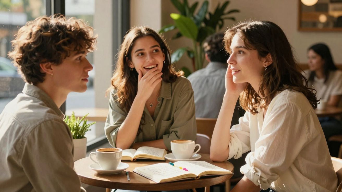 Três jovens conversando e sorrindo em mesa de café com livros e xícaras em cafeteria iluminada.