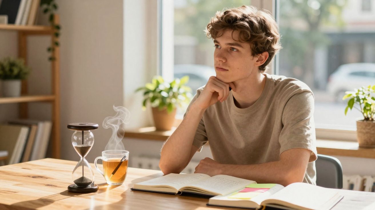 Jovem pensativo sentado à mesa com livros abertos, chá quente e ampulheta em ambiente iluminado.