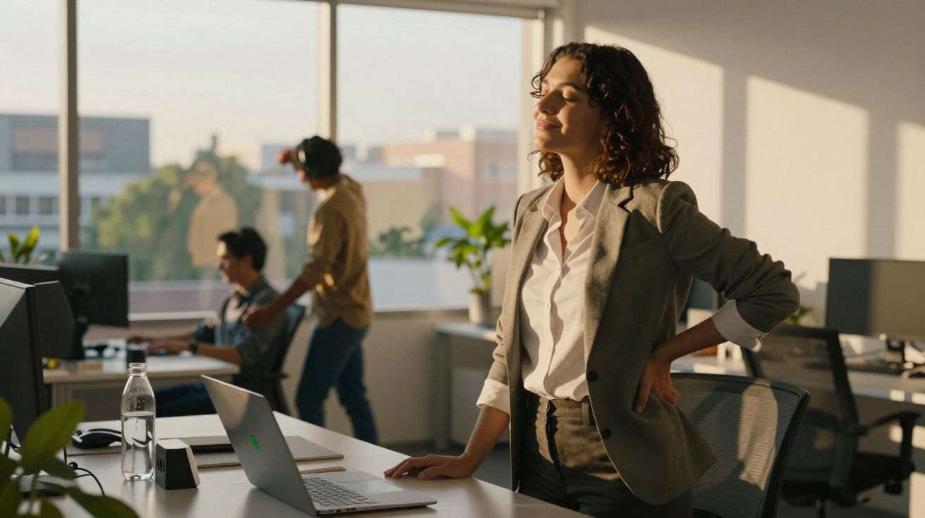 Mulher em pé no escritório se alongando e respirando fundo perto de laptop em mesa iluminada pelo sol.
