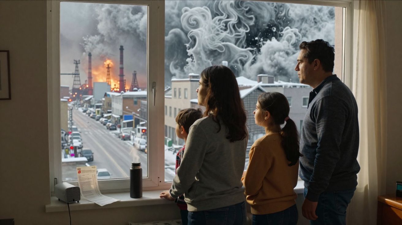 Família observa fumaça densa e fogo em indústria vista pela janela de casa durante o dia.