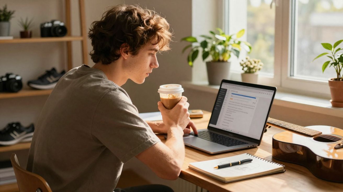 Jovem sentado à mesa com café em mãos, mexendo no laptop, caderno e violão ao lado, perto da janela.