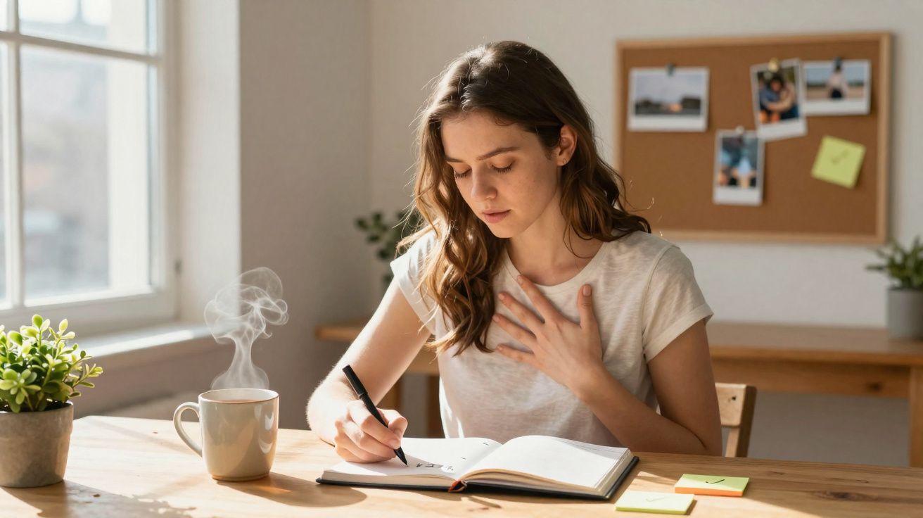 Mulher escrevendo em caderno à mesa com caneca fumegante e planta em ambiente iluminado natural.