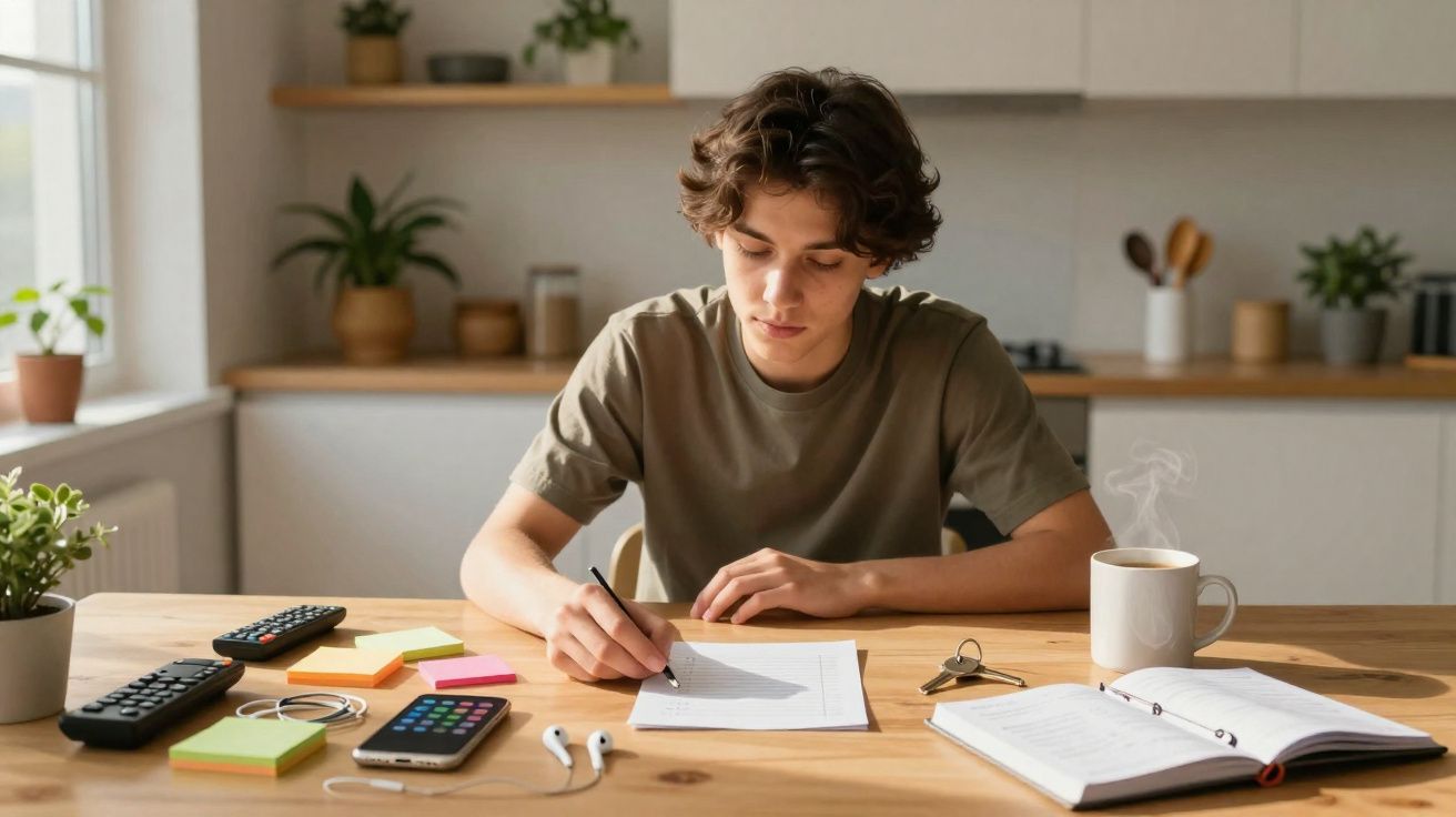 Jovem sentado à mesa escrevendo em folha, com café, celular, controles e caderno ao redor.