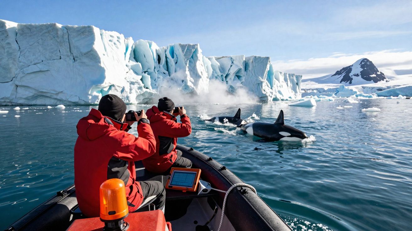 Duas pessoas em barco observam e fotografam orcas nadando perto de icebergues em ambiente polar nevado.