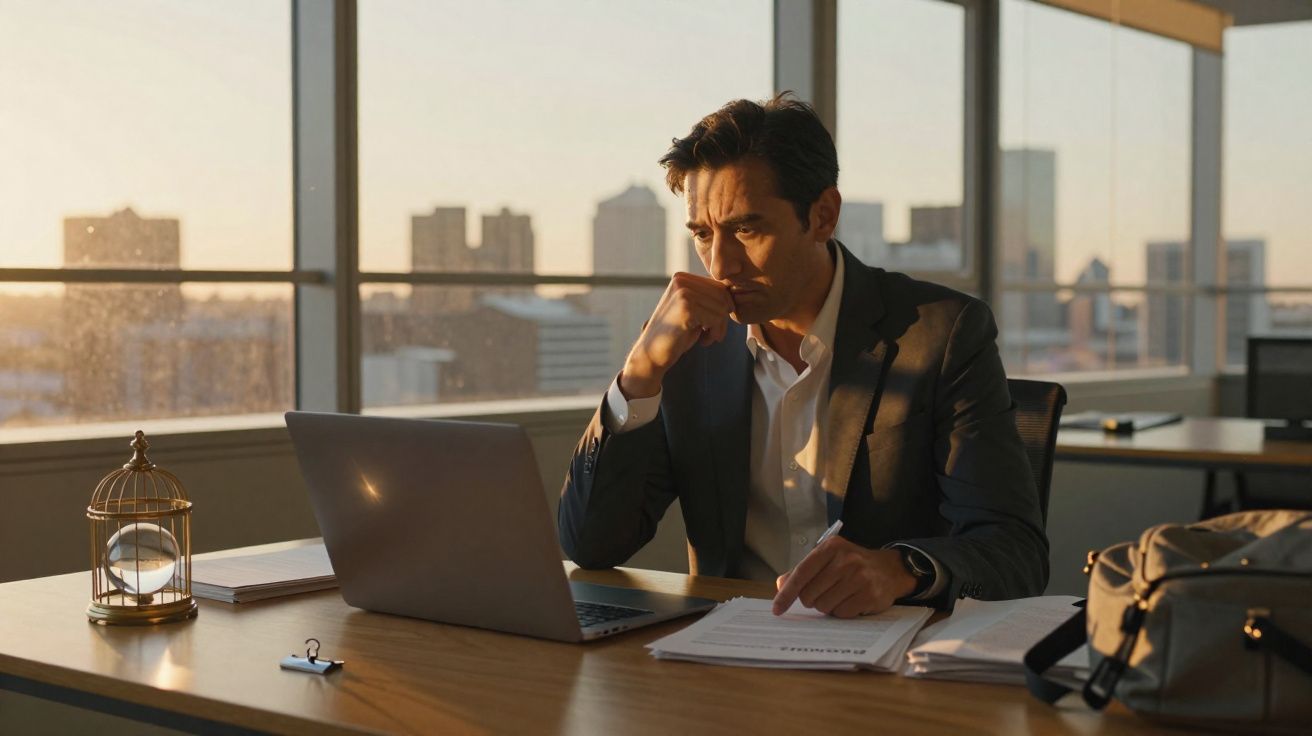 Homem de terno analisando documentos em escritório com laptop ao pôr do sol, expressão pensativa.