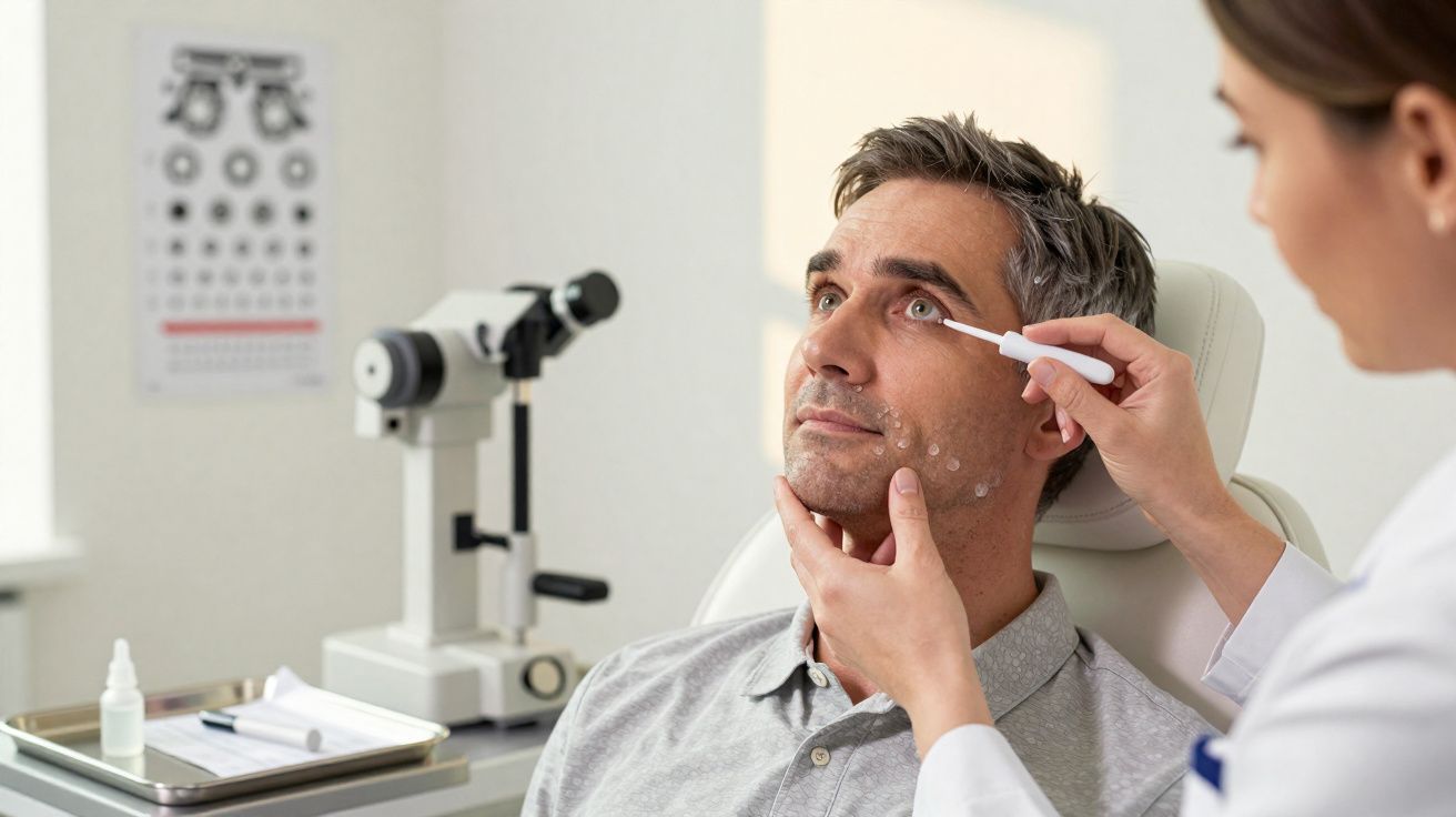 Homem tendo exame ocular com gotas aplicadas por profissional de saúde em clínica oftalmológica.