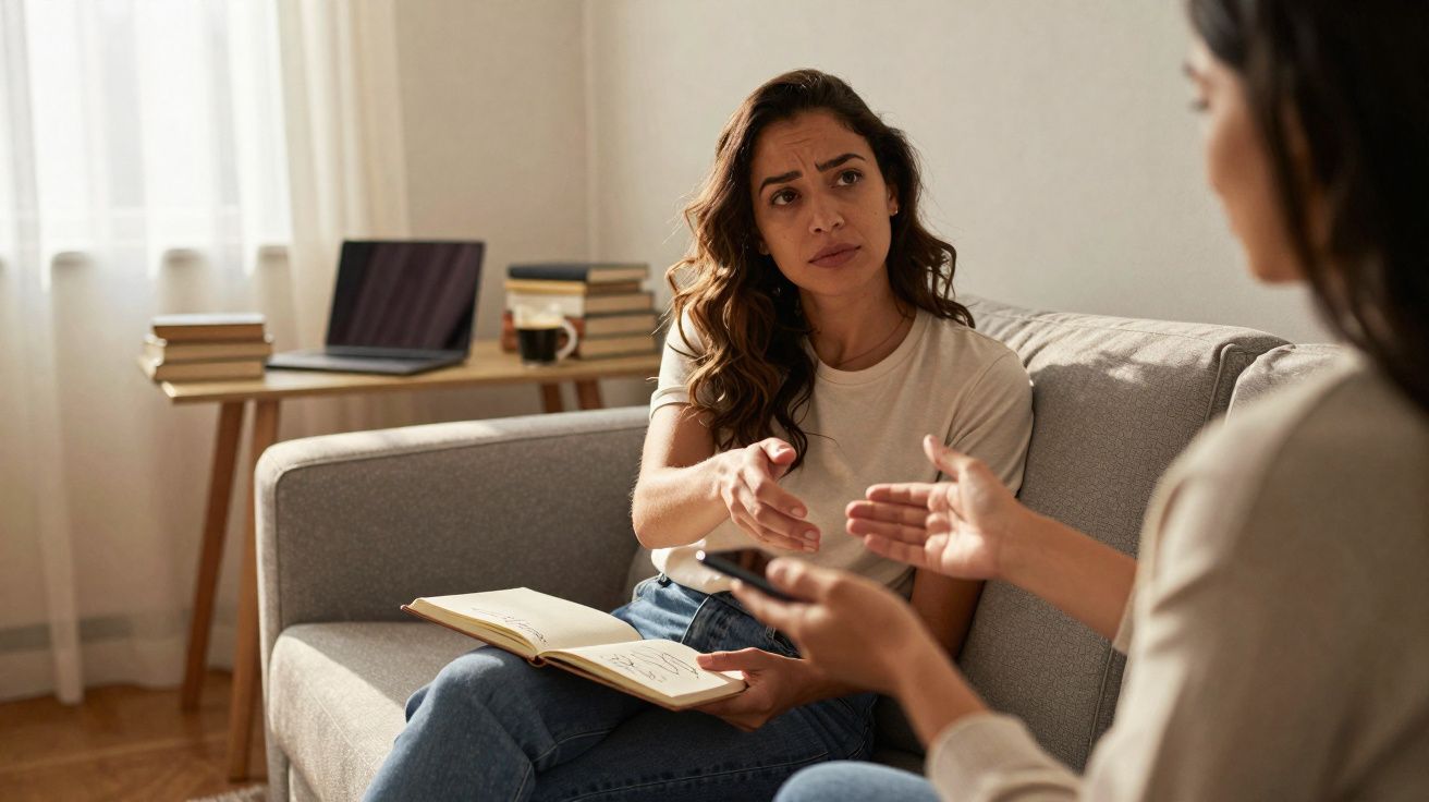 Duas mulheres conversando sentadas em sofá, uma com livro aberto e expressão preocupada.