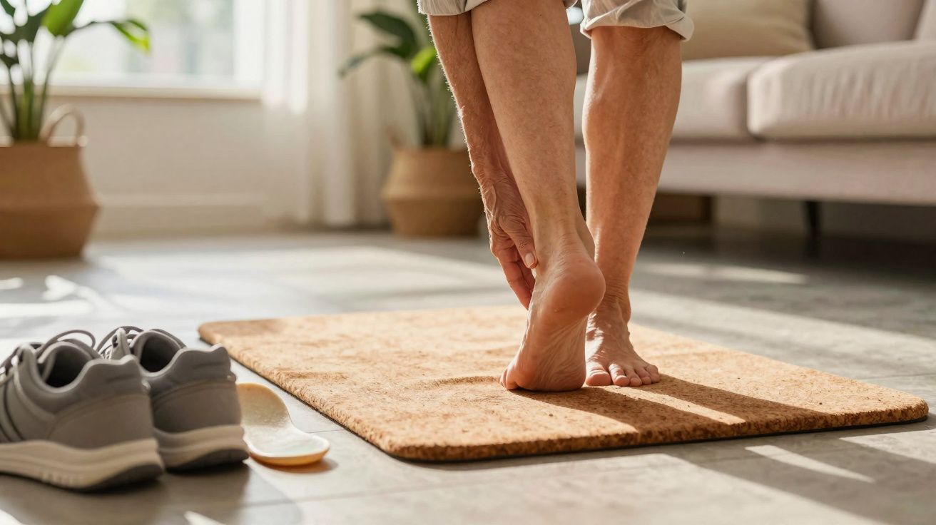 Pés descalços de pessoa pisando em tapete marrom dentro de sala iluminada com tênis cinza ao lado.