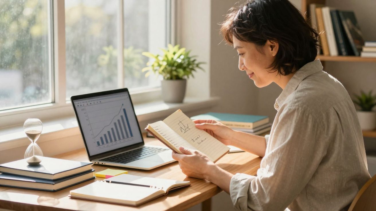 Mulher sorrindo lendo livro ao lado de laptop com gráfico de barras em mesa perto da janela iluminada.