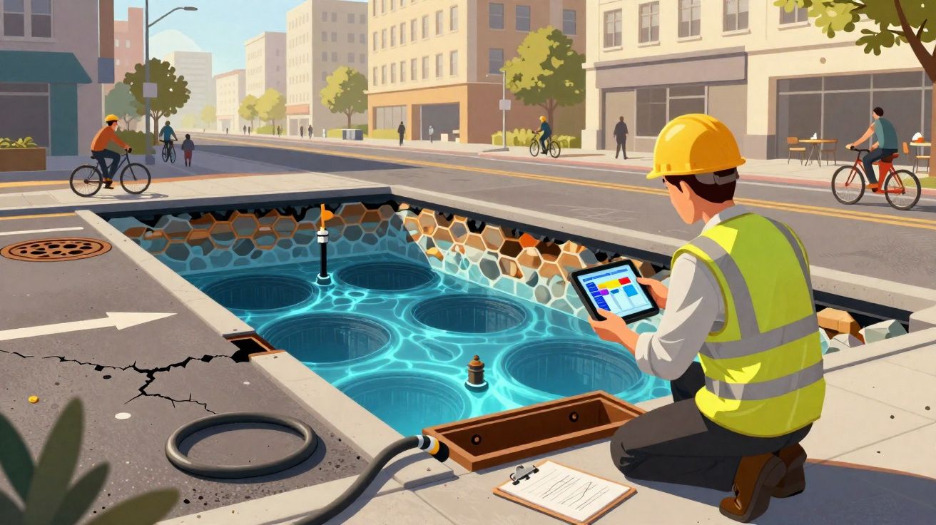 Engenheiro com capacete e colete observa reservatório de água sob uma rua urbana movimentada.