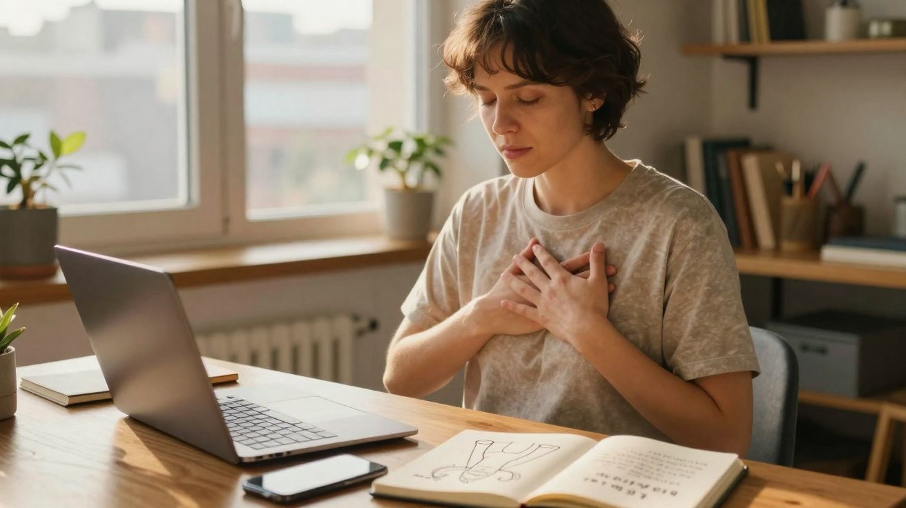 Pessoa sentada à mesa com mãos no peito, laptop, celular e caderno aberto em ambiente iluminado.