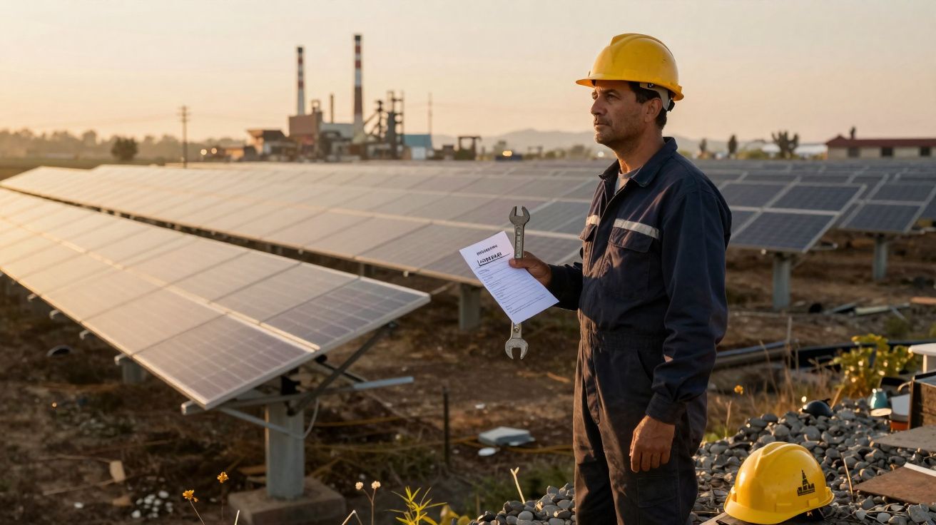 Homem com capacete amarelo e macacão segura chave inglesa e documento em campo com painéis solares ao pôr do sol.