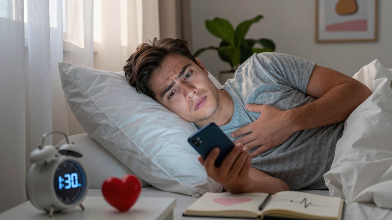 Homem deitado na cama com expressão preocupada olhando o celular, relógio e objeto de coração na mesa ao lado.