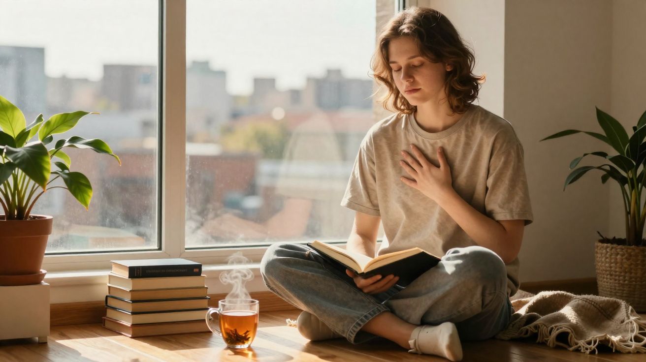 Mulher sentada no chão lendo livro, ao lado xícara de chá quente e plantas perto da janela com luz natural.