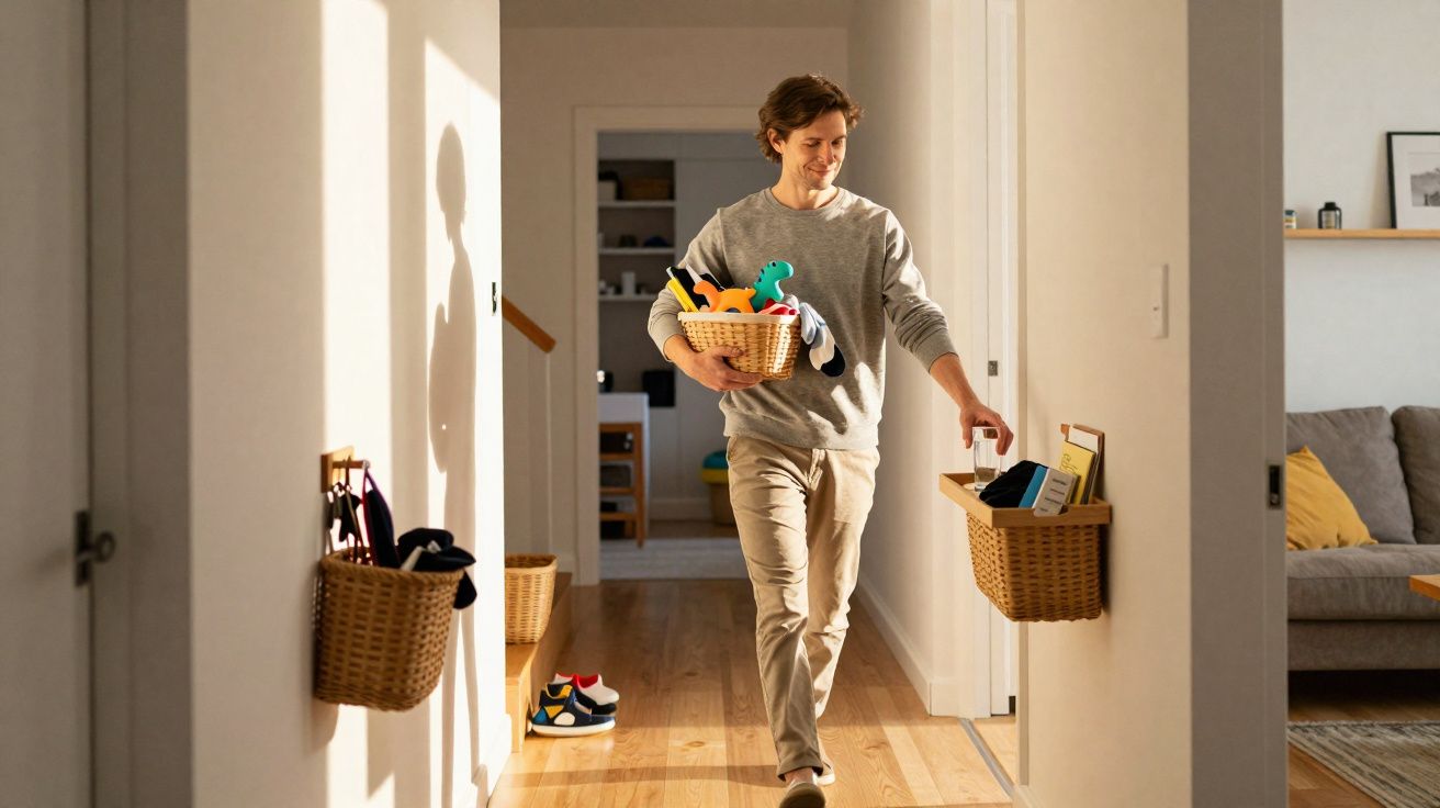 Homem sorrindo carregando cesta de brinquedos em corredor iluminado por luz natural.