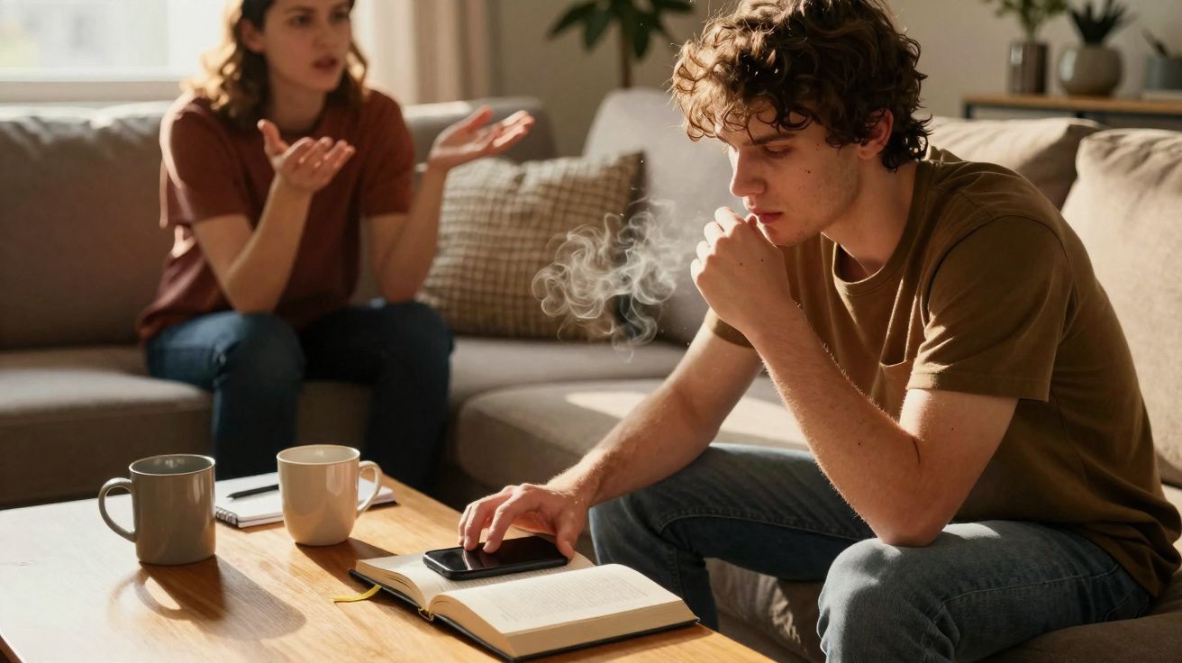 Jovem sentado no sofá fumando e olhando o celular, mulher ao fundo gesticulando, ambiente doméstico.