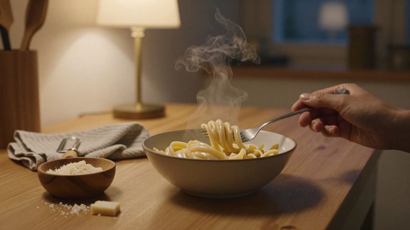 Pessoa segurando garfo com massa quente em prato branco sobre mesa de madeira, ao lado de queijo ralado.