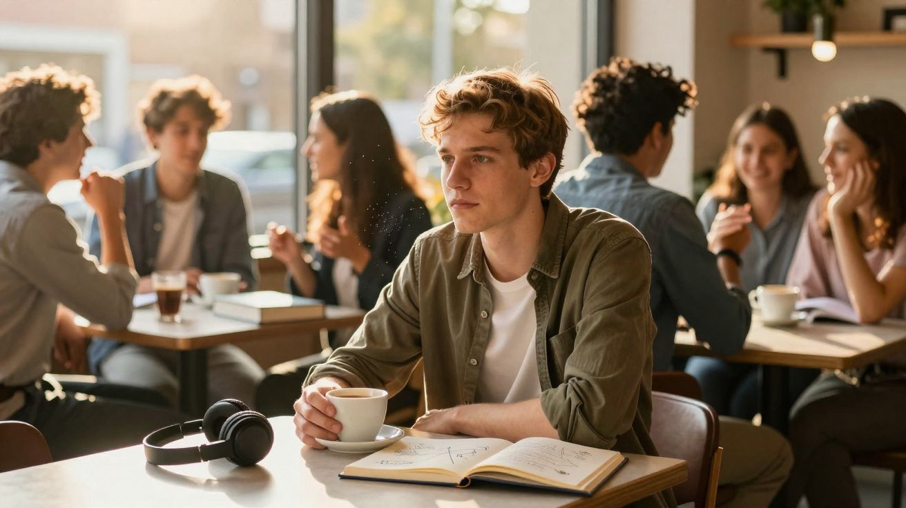 Jovem pensativo com xícara de café e caderno aberto em cafeteria movimentada com outras pessoas conversando.