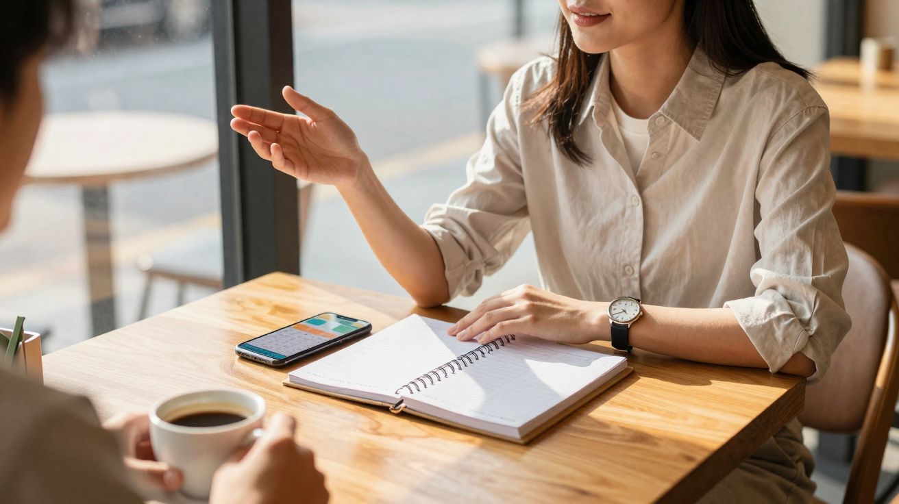 Duas pessoas conversando em mesa de madeira, com caderno aberto e xícara de café.