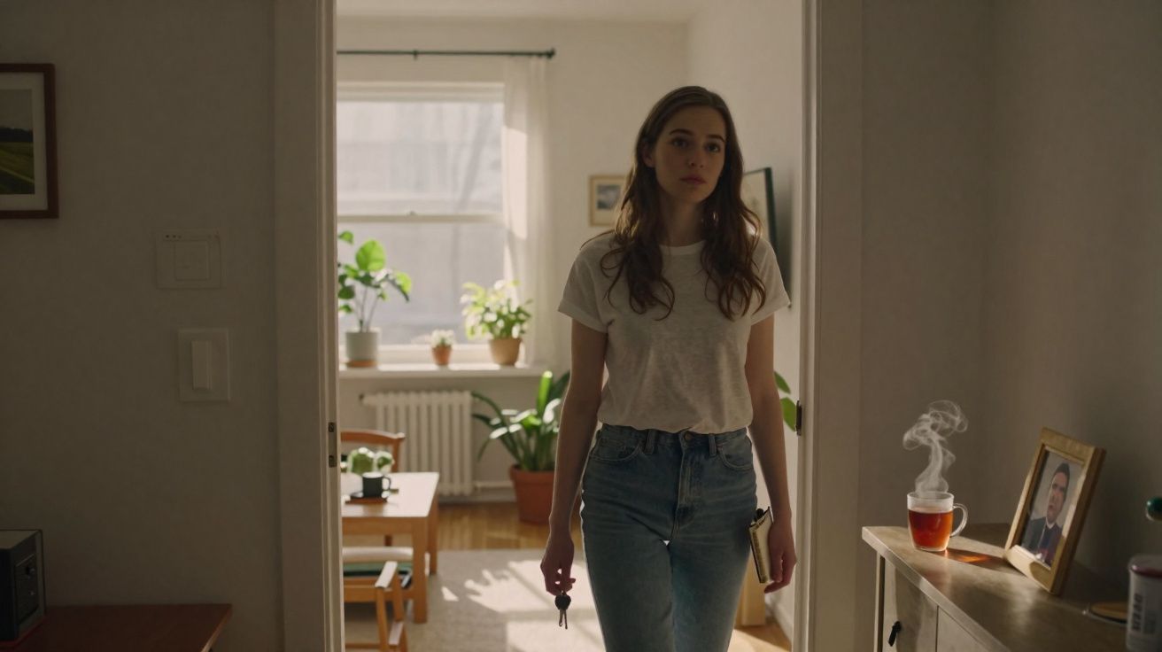 Jovem mulher de camiseta branca e jeans segurando chave e livro, caminhando em sala iluminada.