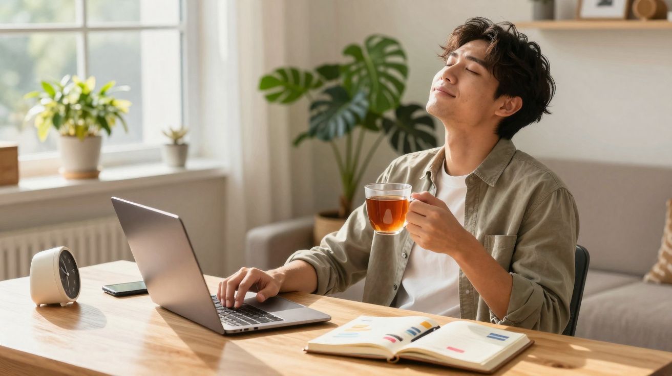 Jovem aproveitando café enquanto trabalha no laptop em ambiente iluminado e com plantas na decoração.