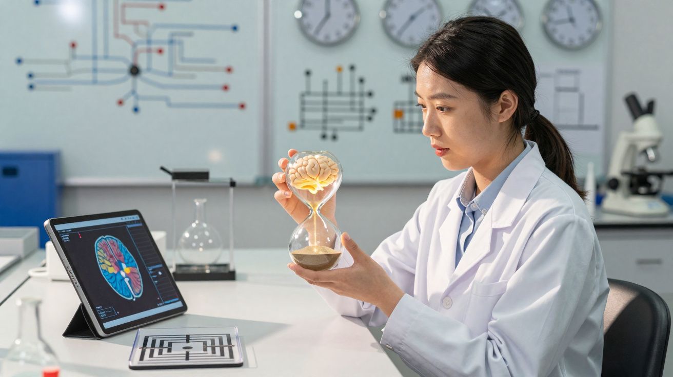 Pesquisadora em laboratório segura ampulheta com cérebro, com imagem de cérebro em tablet e equipamentos científicos ao fundo