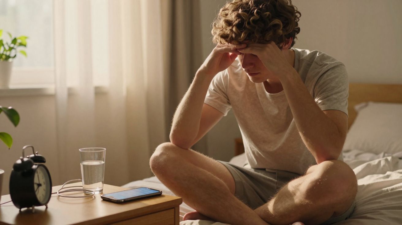Jovem sentado na cama com expressão de cansaço, mãos na cabeça, ao lado de celular, copo d'água e despertador.