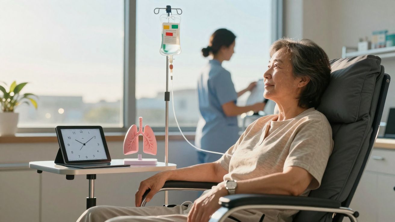 Paciente idosa sentada em cadeira hospitalar recebendo soro, com profissional de saúde ao fundo.