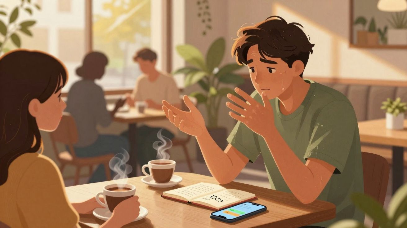 Casal com expressões preocupadas conversando em cafeteria com xícaras de café sobre a mesa.