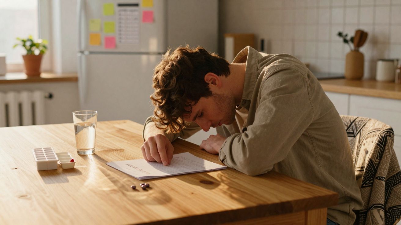 Homem sentado à mesa com cabeça apoiada, olhando para um documento, ao lado de remédios e um copo de água.