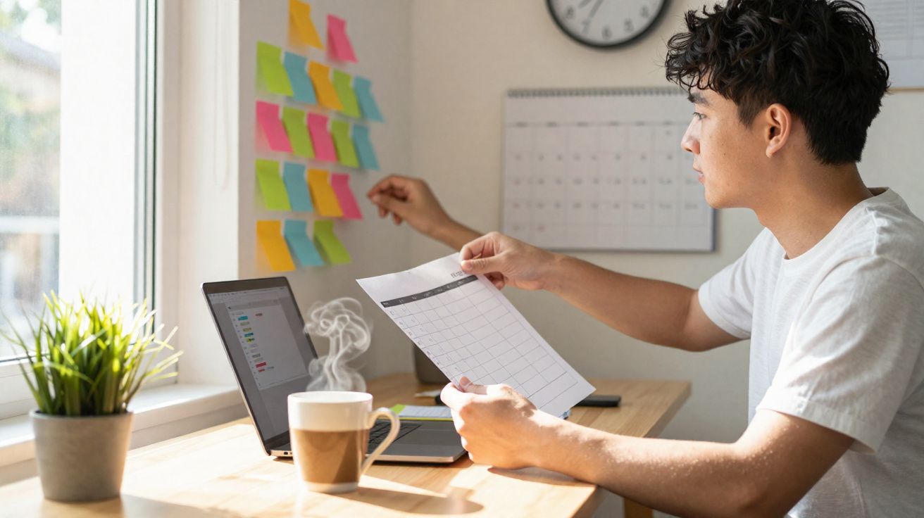 Jovem organizando calendário com post-its coloridos no escritório em casa, com laptop e café na mesa.