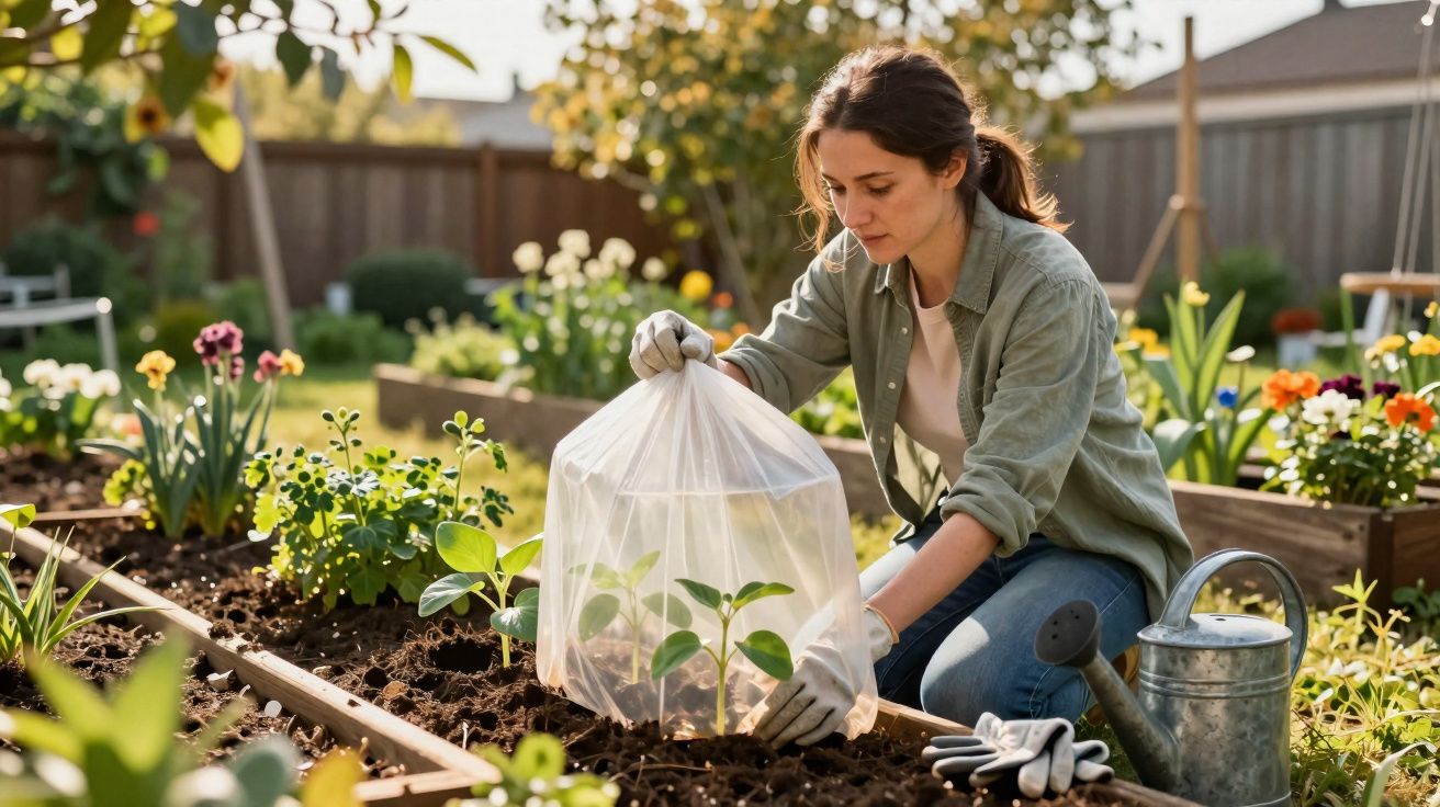 Mulher protegendo mudas com cobertura plástica em canteiro de horta ensolarado.