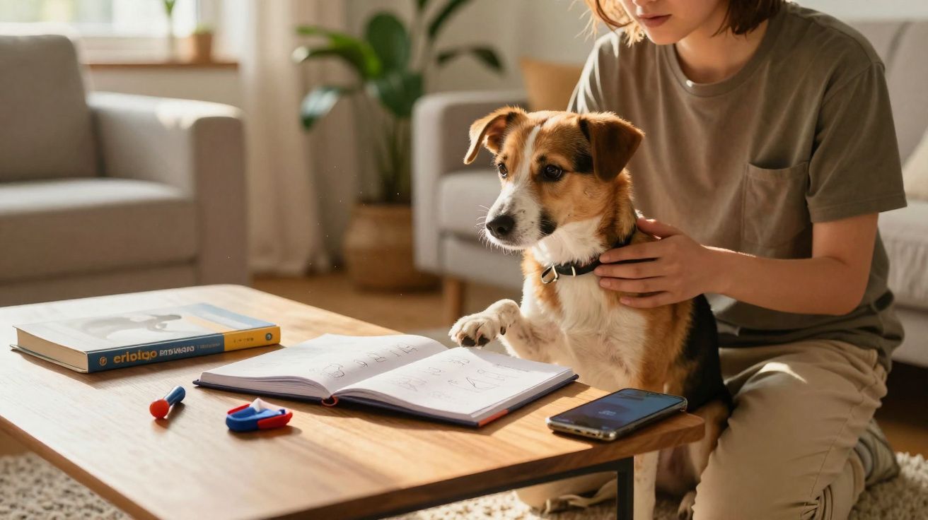 Pessoa e cachorro sentados juntos em sala, com livro aberto e celular sobre mesa de madeira.