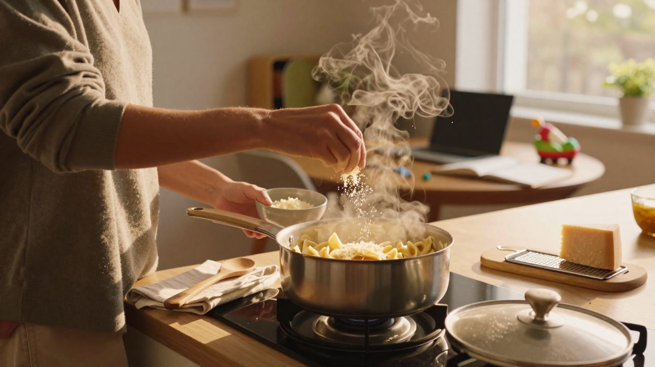 Pessoa adiciona queijo ralado em panela com macarrão cozinhando no fogão a gás em cozinha iluminada.